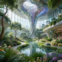 biophilic futuristic cyborg city oasis garden natural beautiful light interior soft cinematic composition of a granite metallic nebula fluid surreal scifi architecture landscape, flowers, grass, water, glass walls, trees, vincent callebaut composition, 8 k, unreal engine, hdr