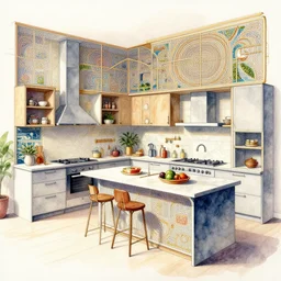 a hiper intricate watercolor of a beatiful modern kitchen, being built piece by piece, almost done, fibonacci, intricate, highly detailed, digital painting, artstation, concept art, extremely detailed, sharp focus, wide view, smooth, digital illustration, colorfull, by william turner art, by greg rutowski, by carl larson, by edmund dulac