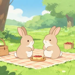 two rabbits in love with each other are having a picnic in the park, anime