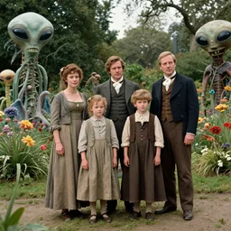 very sharp, highly detailed, 36864k film, 175000mm film still from a sci fi blockbuster color movie made in 2019, set in 1860, of a family standing in a park, next to some strange alien plants and flowers, on an alien planet, the family are all wearing 1860s era clothes, good lighting, enhanced faces, 700mm f/1.4L lens