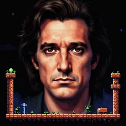 alien planet with johnny cash face shape gameplay still frame, pixel art, platformer, metroidvania, retro, splash screen, level design, high contrast, background, deep focus, highly detailed, dramatic lighting, digital painting, artstation, concept art, matte, greg rutkowski, moebius, illustration.