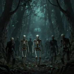 dozens of scary skeletons and zombies in a forest at night, d & d, concept art, fantasy art