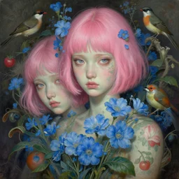 breathtaking detailed concept art painting blend of two pink short hair goddess of light blue flowers by hsiao - ron cheng with anxious piercing eyes, vintage illustration pattern with bizarre compositions blend of flowers and fruits and birds by beto val and john james audubon, exquisite detail, extremely moody lighting, 8 k