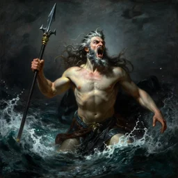 portrait of proud and screaming Poseidon rising from the ocean, ready to fight with trident, fantasy art, by Thomas Cole, dark colors, sinister atmosphere