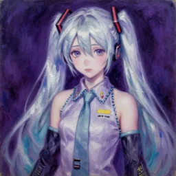 A portrait of Vocaloid Hatsune Miku by Marc Chagall, sad, omnious, purple colors, award-winning, highly detailed palette knife oil painting, thick impasto, painterly, autochrome, pinhole, realistic lighting, chiaroscuro, very ethereal, very ethereal, silver color, dark, chiaroscuro, nacre, pastel oil inks, , paint-on-glass painting by