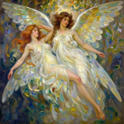 illustration studio portrait of dark beautiful seraphim females energy in an artistic pose resting in nature, monet painterly motives and textures pattern, hyper detailed, octane render, vivid colors, artstation, by jeremy mann, by alphonse mucha, by monet, neo classical painting of heaven aesthetics