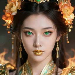 extremely close up front portrait of a beautiful oriental cyborg warrior woman, green eyes, gold lips, entwined in flowers and fire, crown of fire, highly detailed, volumetric lighting, intricate time machine, decadent, highly detailed, octane render, concept art, smooth, sharp focus, hyper - realistic