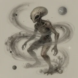 a shapeless extraterrestrial yahyel made of space and time, weaving dust of predetermination and a state of utter confusion across the universe, muted colors, fantasy illustration, digital art