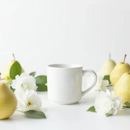 bright white room showcasing ceramic mug surrounded by white flowers, green leaves, and pears, soft zen minimalist, white background, bright, crisp