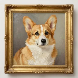 corgi. oil on canvas, baroque style gold - gilded frame. 2 4 feet wide, 1 6 feet tall. johannes vermeer.