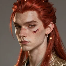 portrait of a thin young man with long red hair, ponytail, a deep scars face, big gash on face, freckles on his face, an earring, intricate, elegant, glowing lights, highly detailed, digital painting, artstation, concept art, smooth, sharp focus, illustration