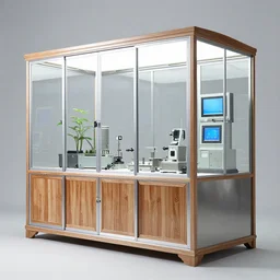 a plant incubator made of chinese furniture, glass, stainless steel, precision instruments and screens. there is a pine bonsai inside. there are many transparent hoses filled with water and mist in the glass box. there are two nozzles on both sides of the box spraying water mist