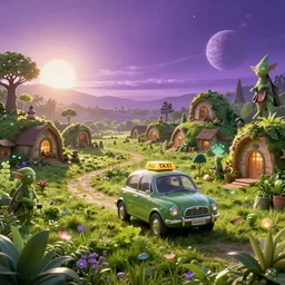tardigrade taxi car in a fantasy tatdigrade village, calming, uplifting mood, ultra realistic, farm, small buildings, highly detailed, atmosphere, violet planet in the sky, masterpiece, epic lighting, elves, green plants, magic, illuminated, 4 k, cinematic, morning sun, art by eddie mendoza