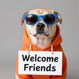 A portrait photo of a dog wearing an orange hoodie and blue sunglasses holding a sign on the chest that says Welcome Friends, subject: dog, subject detail: wearing orange hoodie, wearing blue sunglasses, subject action: holding sign
