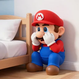 super mario crying into his hands in the corner of his bedroom