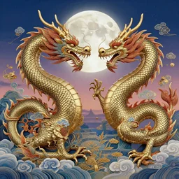 a dragon and a chinese dragon, in the moon, twilight, detailed and intricate environment