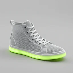 one wire mesh high - top sneaker with neon illuminated soles on a grey surface, clean 3 d render, beautiful studio lighting, soft, sharp focus, cyberpunk, intricate detail, gold filigree, art by iris van herpen and syd mead and rodin