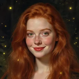 a highly detailed portrait, red haired young woman, long hair, green eyes, hint of freckles, round gentle face, cheeky smile with red lips, among golden fireflies and nature by night, deep focus, smooth, sharp, golden ratio, elegant, digital painting by artemisia lomi gentileschi, caravaggio and artgerm