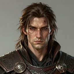 male portrait, kaladin stormblessed, messy brown hair shoulder length, scar on forehead, serious expression, detailed portrait, intricate complexity, in the style of Artgerm and Borderlands, cel-shaded::award-winning, trending on artstation, detailed, 8k