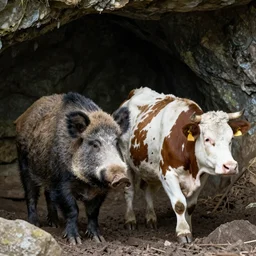 A big boar and a cow walking together in a cave, photo