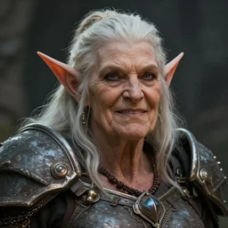 masterpiece closeup portrait of a haughty muscular and cheerful elderly female Firbolg warlord by Greg Rutkowski, 4k, masterpiece, cinematic, dungeons and dragons, detailed
