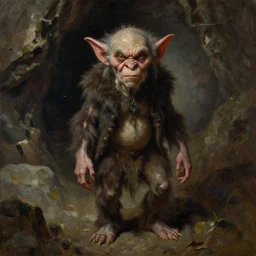 A hobgoblin. He has a very menacing expression. he is standing in a cave. Award winning oil painting by Thomas Cole and Wayne Barlowe. Highly detailed