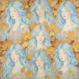 breathtaking detailed concept art painting pattern with pastel colors of blue hair faces goddesses amalgamation autumn leaves, by hsiao - ron cheng, bizarre compositions, exquisite detail, 8 k