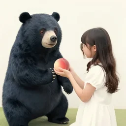 portrait of a girl giving a peach to a large anthropomorphic asian black bear, in the style of booth franklin