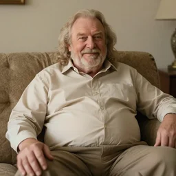 cozy wide picture of older handsome lord richard is sitting gracefully on a sofa, his eyes look wise, happy wise. he has bouncy belly, oh he is a human by the way, wear's beige shirt