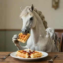 surreal image of a centaur eating waffles
