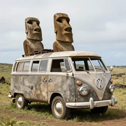 ancient vw bus made of stone on the besch, moai from rapa nui style