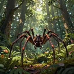 agiant spider, beautiful, realistic, atmosphere, vibe, forest, lot of trees, fern, flowers, concept art illustration, color page, tone mapping, akihiko yoshida, james jean, andrei riabovitchev, marc simonetti, digital illustration, greg rutowski, volumetric lighting, sunbeams, particles