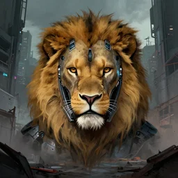 a lion cyborg helmet in a cyberpunk city abandoned by dan mumford, sketch!! center frame singular high fantasy character concept art symmetrical features, digital painting, sharp focus, illustration