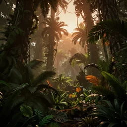 a beautiful render of a prehistoric rainforest, lush flora, dark green, orange, intricate detail, sunset, hazy, volumetric lighting, 8 k, photorealistic, raytracing effects, unreal engine 5