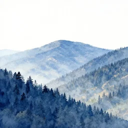 modern highly detailed watercolor painting white sky and blueish landscape forest mountainous trending on artstation