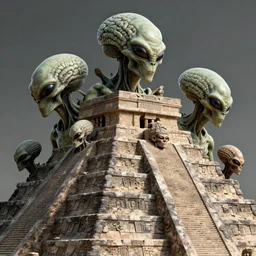 aliens brainsuckers kills aztec humans on top of aztec pyramids, perfect faces, fine details, studio lighting, close up view, subtle shadows, art by katsuya terada, photorealism, hyper realism, octane render, hyper detailed, medium shot, 8 k, raw, unedited, in - frame,