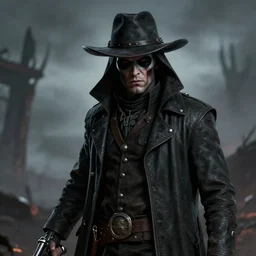 a portrait of a plague doctor gunslinger, dark fantasy, horror, western, hell, ultrafine detailed digital pencil art by takeshi obata and mike mignola and irving penn, death note style, colored, symmetric body, cgsociety, sharp focus, detailed face, looking at the camera