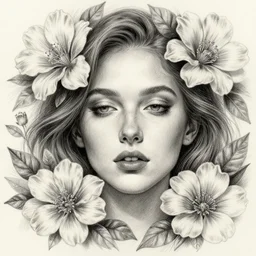 dreaming face, surrounded by flowers and leaves, detailed graphite sketch