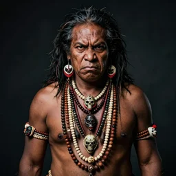 portrait of a samoan sorcerer wearing many a scary necklace, angry look, dark background, studio light, hdr, nikon 2 4 mm f / 1. 8 g, by sebastiao salgado