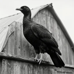 a vintage 1800s photo of a giant black bird attached to a barn with its wings outstretched. Men in cowboy hats are standing in a line front of the barn