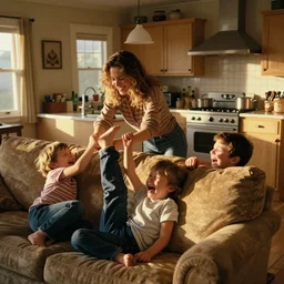 1990s candid 35mm photo of a beautiful day in the family kitchen , cinematic lighting, cinematic look, golden hour, Kirby is sucking up the family sofa, kids are crying, UHD