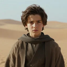 a cinematic headshot portrait of a boy in the movie dune, in a serene vast desert, film still, cinematic, movie still, dramatic lighting, 1 6 : 9 ratio
