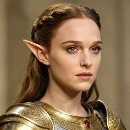 head and shoulders portrait of a female knight, young natalie portman, elf, golden etched armor, lord of the rings, celtic hair braid, eldritch ruby amulet, by artgerm, alphonse mucha, face detail, sharp focus, high key lighting, vogue fashion photo
