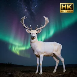 professional photograph of an albino deer with galaxies and stars in the background, aurora borealis, shooting stars, hd, 8 k