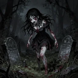 a zombie anime girl rising from the fresh grave, anna dittmann, horror art, masterpiece, dark, gothic, very detailed, sharp, 8 k, cgsociety