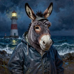 Portrait donkey Eeyore from disney cartoon as old fisherman weared storm jacket and hat, oil painted, night sea storm, near lighthouse