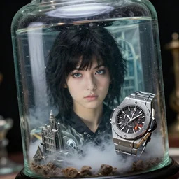 cinestill 5 0 d, 8 k, j. j abrams flare ; esoteric ultra realistic seinen manga hublot timepiece closeup in ana meets ran ( 1 9 9 0 ) film still underwater scene in frontiers in glass plastic photography fashion magazine june seinen manga portrait edition, hyperrealistic real - life seinen manga shaped mist occult figurine film still in victorian glass jar, releve pose, perfect eyes, tilt shift wide shot zaha hadid background