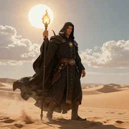 a powerful necromancer in a merciless desert, flickering air, hot sun from above, clouds in the sky, the feeling of dread and existential terror, style of peter mohrbacher, octane render, unreal engine, 8k high definition