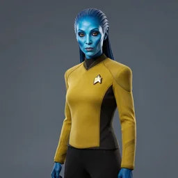 Half length portrait photo of an Asari from Mass Effect, blue skin, as a Starfleet officer