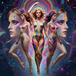 full body Emma Watson by Jean-Baptiste Carpeaux and Luo Li Rong and Michael James Talbot as goddess, all body, floating in space. perfect symmetrical face, colorful, psychedelic psychedelic psychedelic colors, fractals, fresh rainbow bodypainting, synthwave, in full growth, elegant, realistic, 8K, female full-skin figure, hyperrealism, subsurface scattering, raytracing, rim light, Octane Render, Redshift, Zbrush, H R Giger, Zdzisław Beksiński, complex psychedelic glitch background